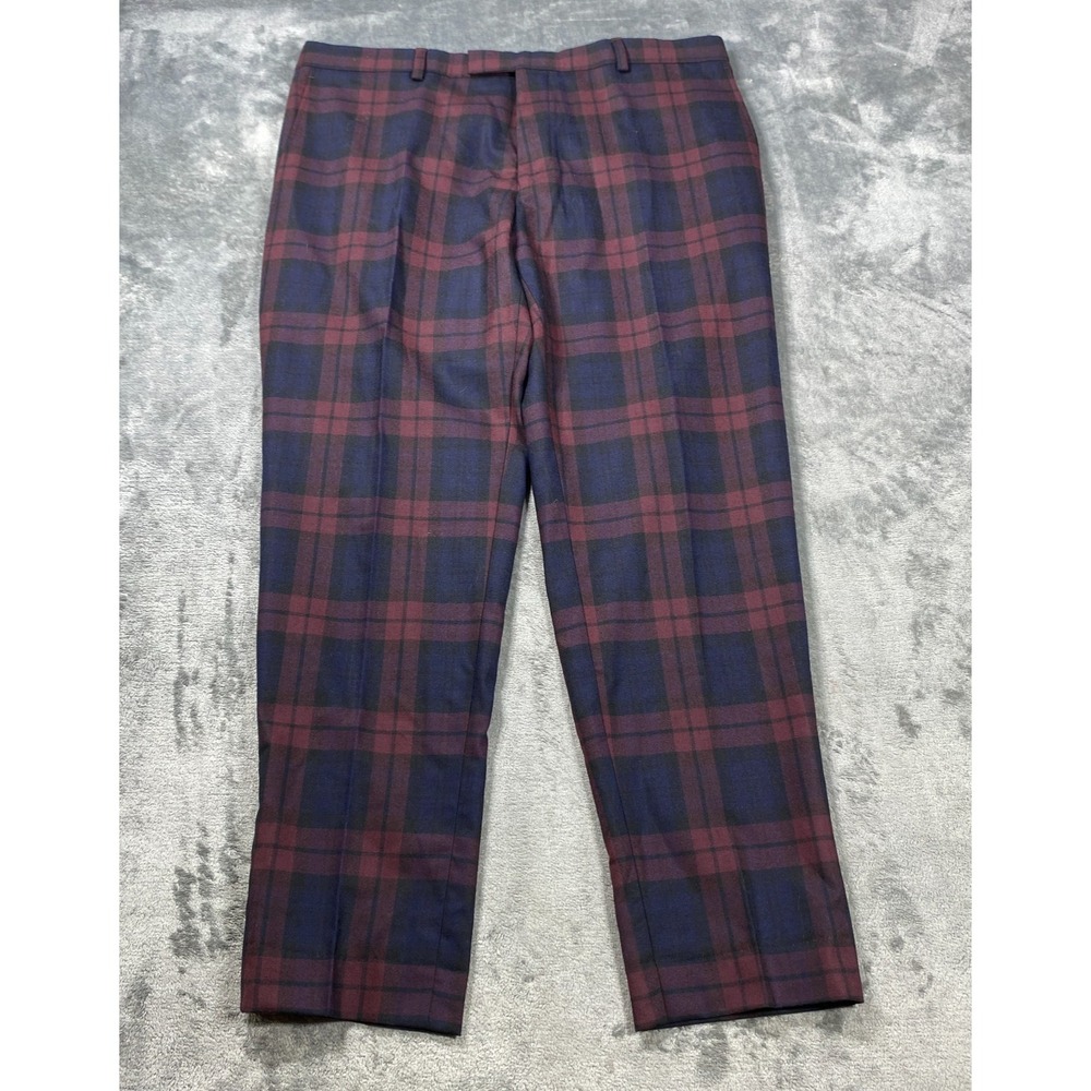 Twisted Tailor Wool Pants Mens Fits 36x27 Red Blue Plaid Check Classic Trousers